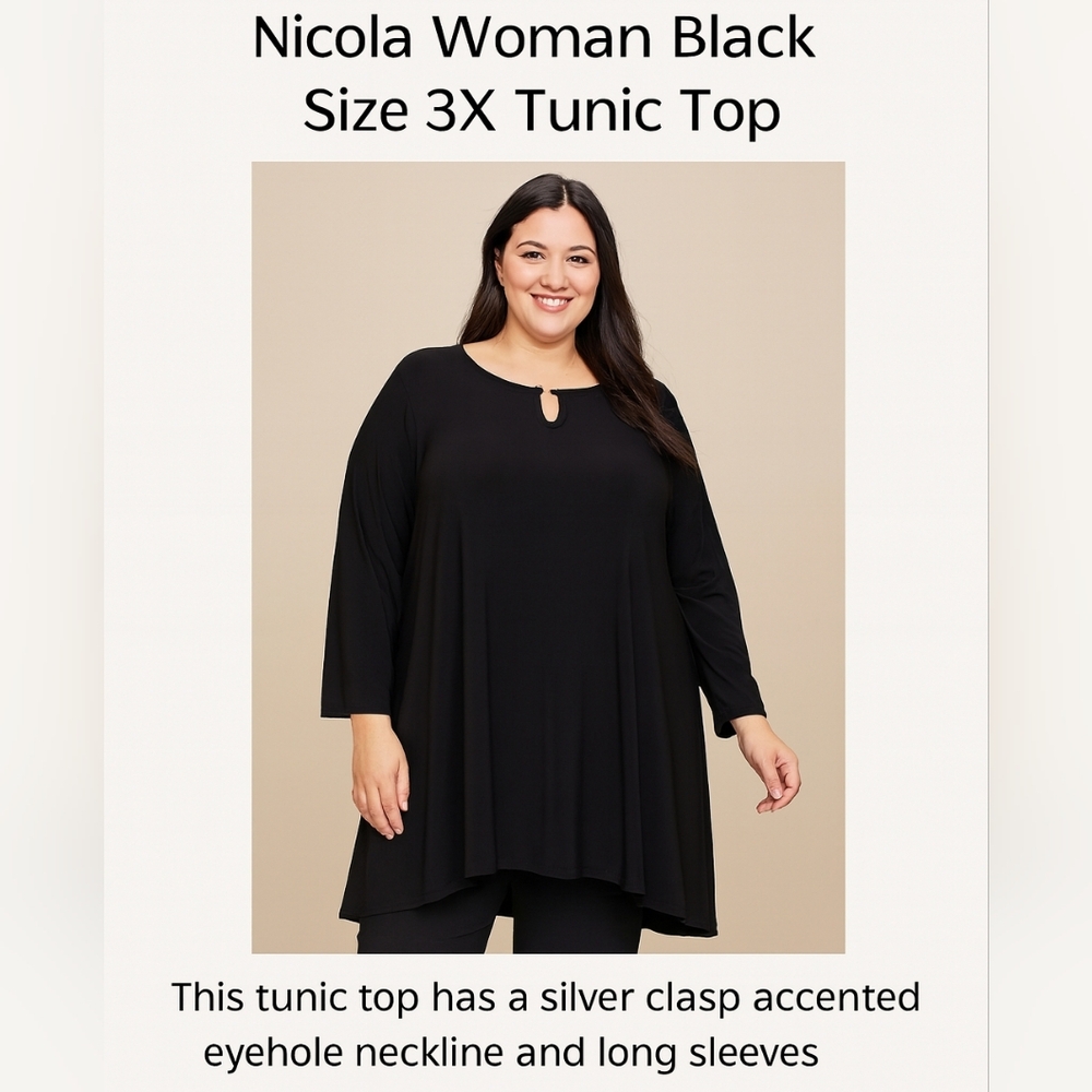 NICOLA Classic Black Keyhole Neckline Tunic Blouse Size 3X